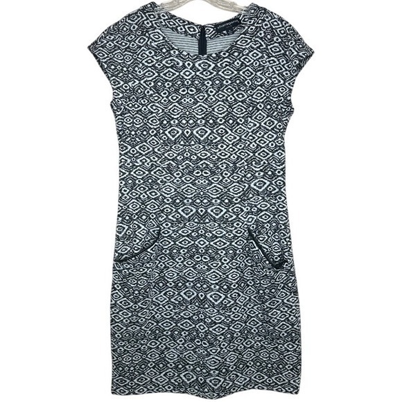 Sharagano Knit Dress - Black & White Geometric Print Pockets -‎ Size 16 Boho - Picture 1 of 6